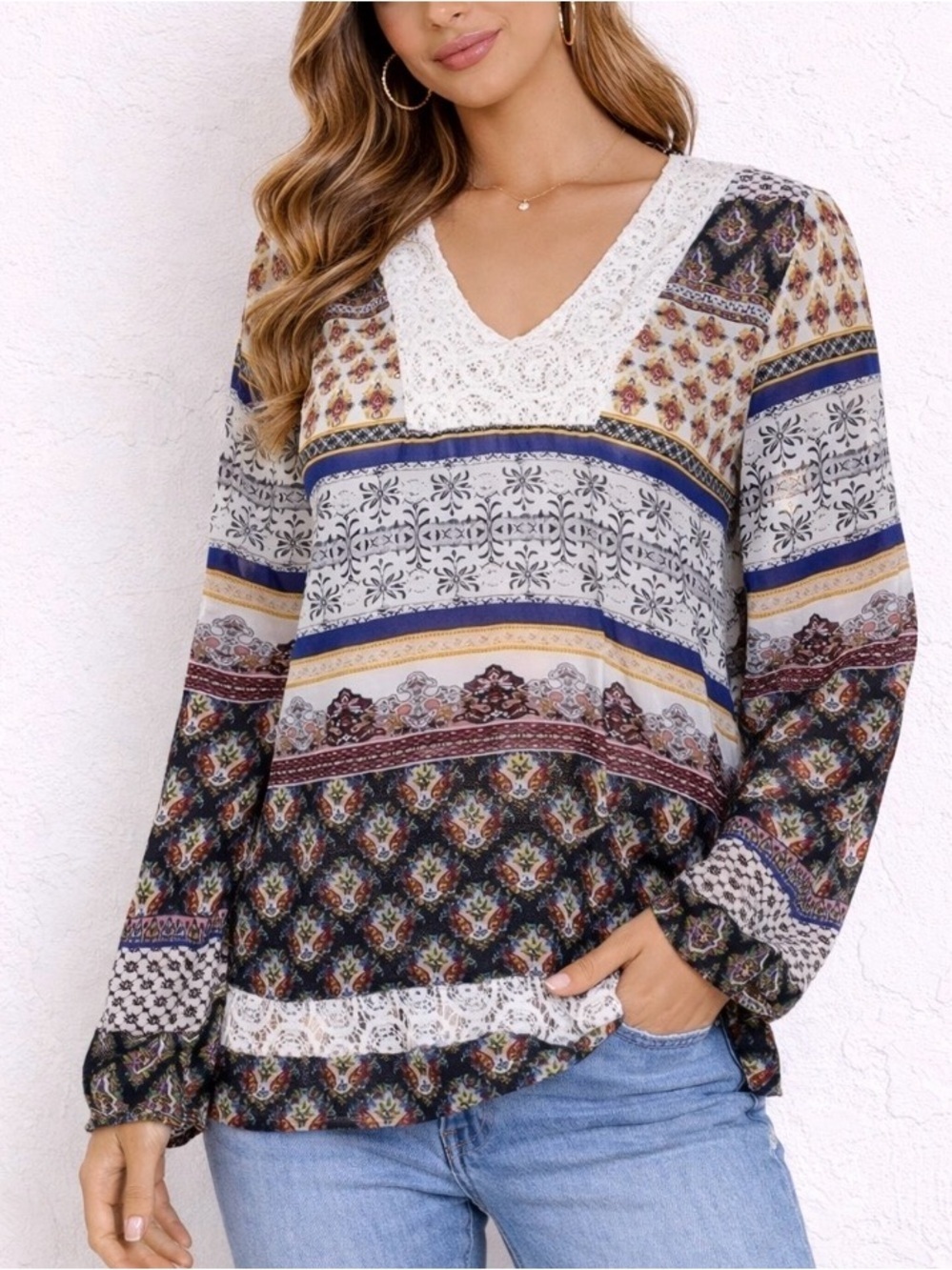 About A Girl blouse Los Angeles Peasant Boho Long Sleeve Top Sheer Lace Navajo